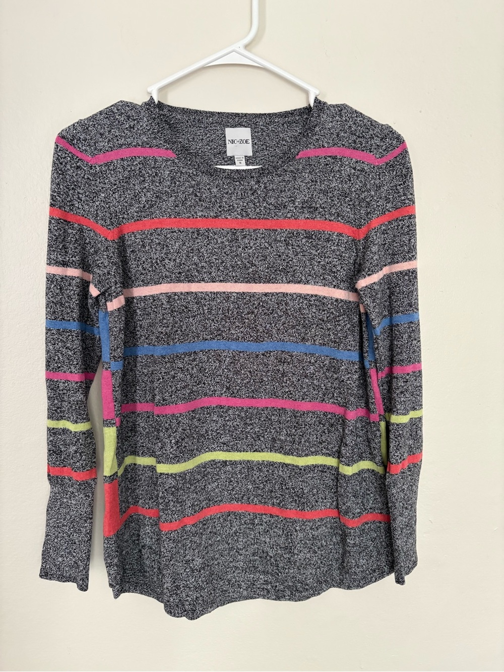 NIC+ZOE Black Heathered Long Sleeve Top with Neon Stripes